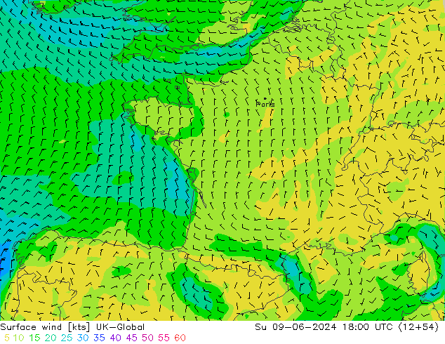 Vento 10 m UK-Global Dom 09.06.2024 18 UTC