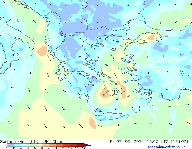 Viento 10 m (bft) UK-Global vie 07.06.2024 15 UTC