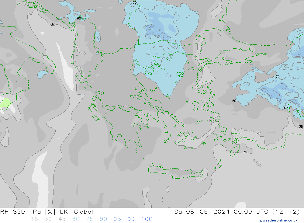 RH 850 гПа UK-Global сб 08.06.2024 00 UTC