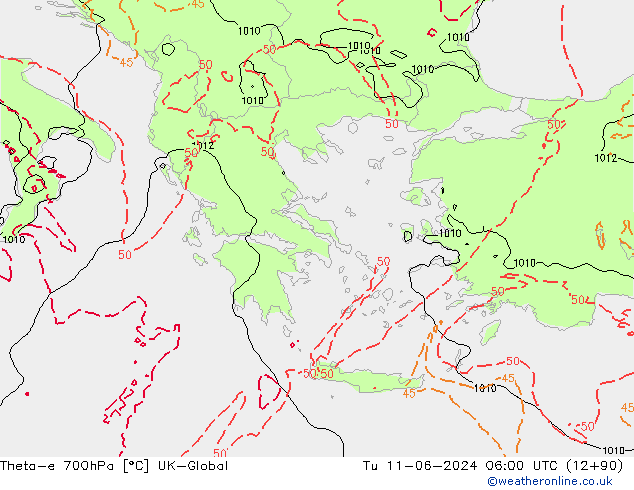 Theta-e 700hPa UK-Global Tu 11.06.2024 06 UTC