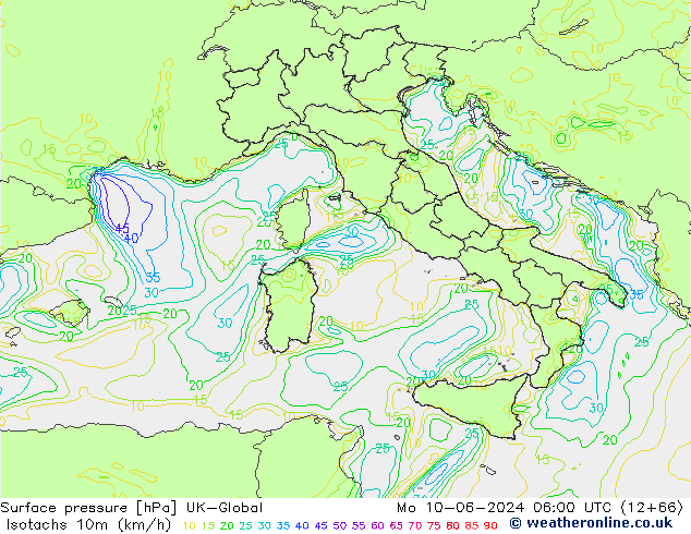 Izotacha (km/godz) UK-Global pon. 10.06.2024 06 UTC