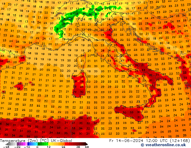 Temperature (2m) UK-Global Fr 14.06.2024 12 UTC