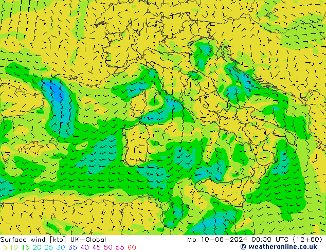 Surface wind UK-Global Mo 10.06.2024 00 UTC