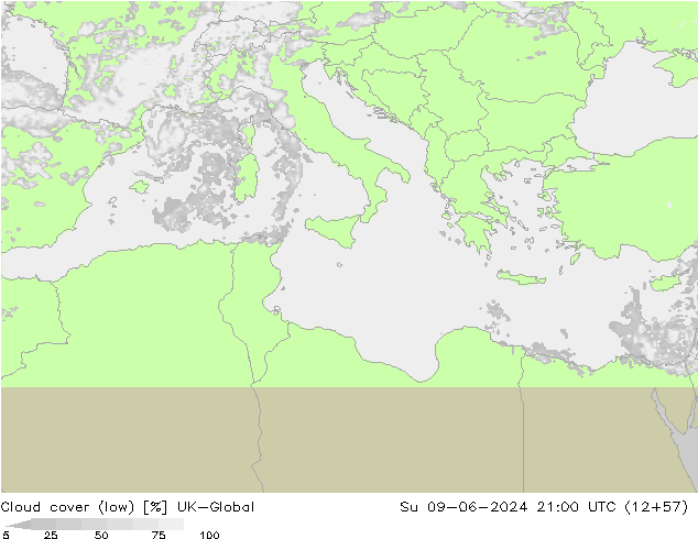 Cloud cover (low) UK-Global Su 09.06.2024 21 UTC