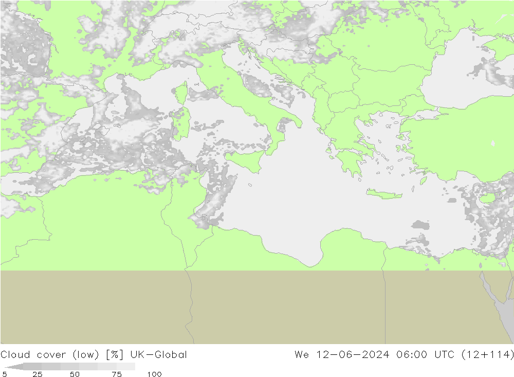 Bewolking (Laag) UK-Global wo 12.06.2024 06 UTC