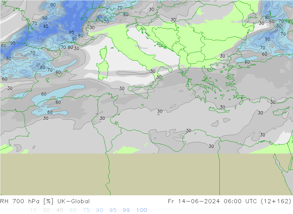 RH 700 hPa UK-Global Fr 14.06.2024 06 UTC