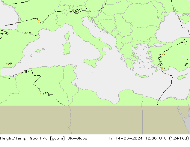 Hoogte/Temp. 950 hPa UK-Global vr 14.06.2024 12 UTC