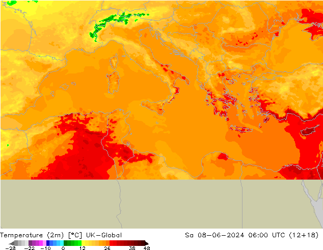 Sıcaklık Haritası (2m) UK-Global Cts 08.06.2024 06 UTC