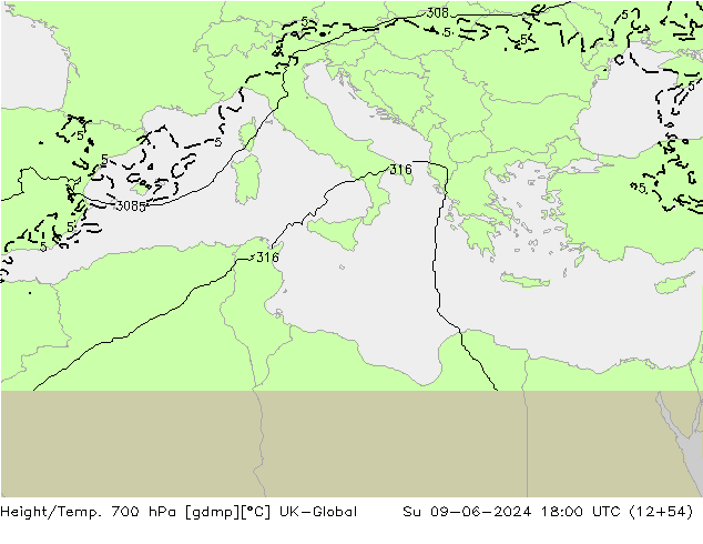 Height/Temp. 700 hPa UK-Global Ne 09.06.2024 18 UTC