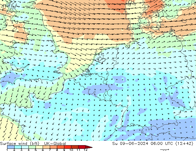 Surface wind (bft) UK-Global Su 09.06.2024 06 UTC