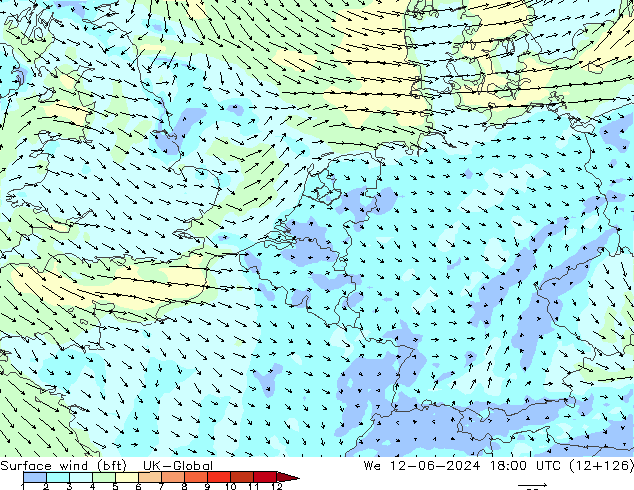 Vent 10 m (bft) UK-Global mer 12.06.2024 18 UTC