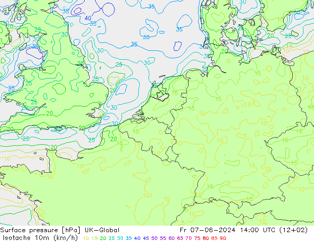 Isotachs (kph) UK-Global Fr 07.06.2024 14 UTC