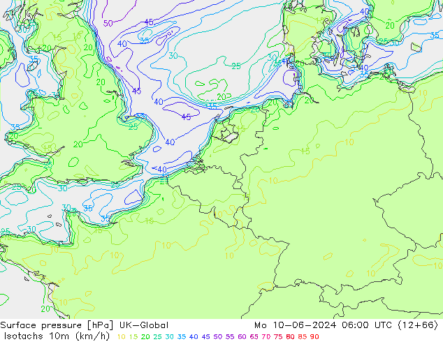 Isotachs (kph) UK-Global Po 10.06.2024 06 UTC
