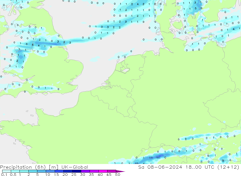 Totale neerslag (6h) UK-Global za 08.06.2024 00 UTC