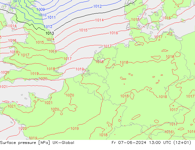 Presión superficial UK-Global vie 07.06.2024 13 UTC