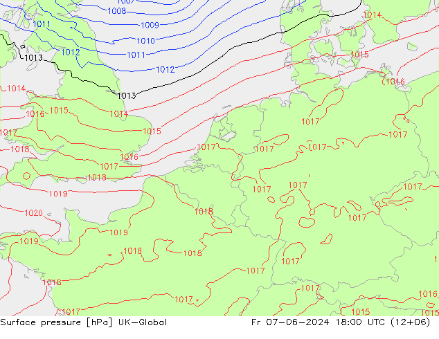 地面气压 UK-Global 星期五 07.06.2024 18 UTC