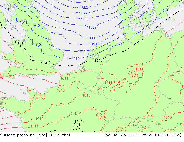 Presión superficial UK-Global sáb 08.06.2024 06 UTC