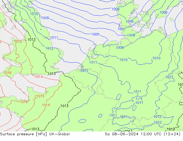 Pressione al suolo UK-Global sab 08.06.2024 12 UTC