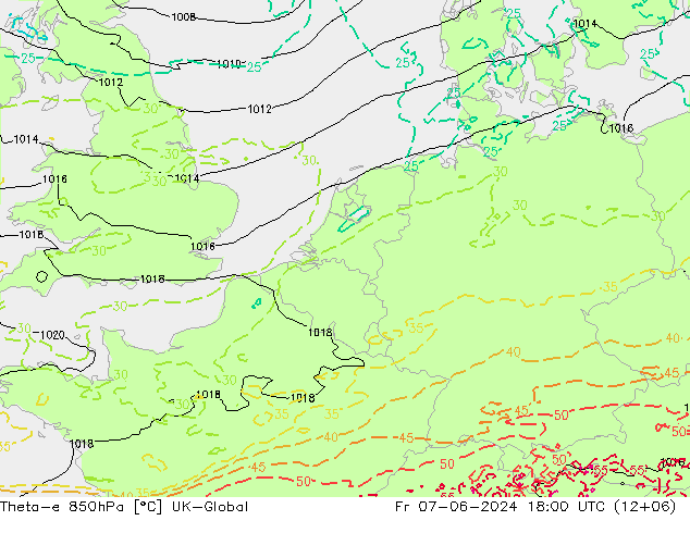 Theta-e 850гПа UK-Global пт 07.06.2024 18 UTC