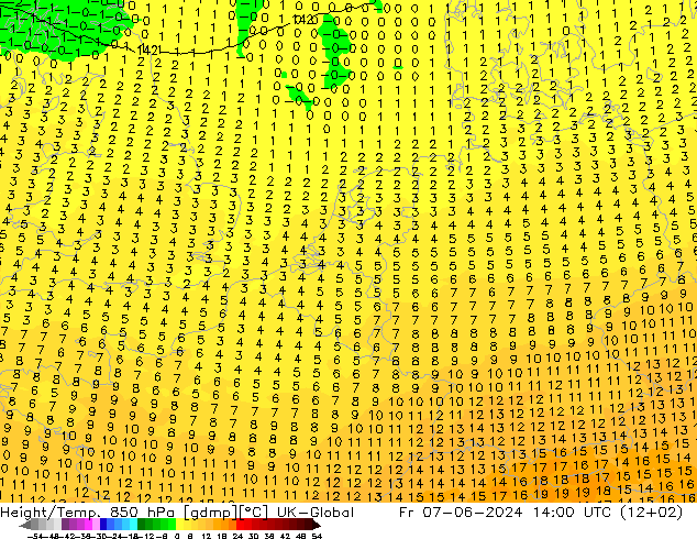 Hoogte/Temp. 850 hPa UK-Global vr 07.06.2024 14 UTC