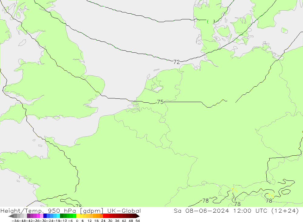 Height/Temp. 950 hPa UK-Global Sa 08.06.2024 12 UTC