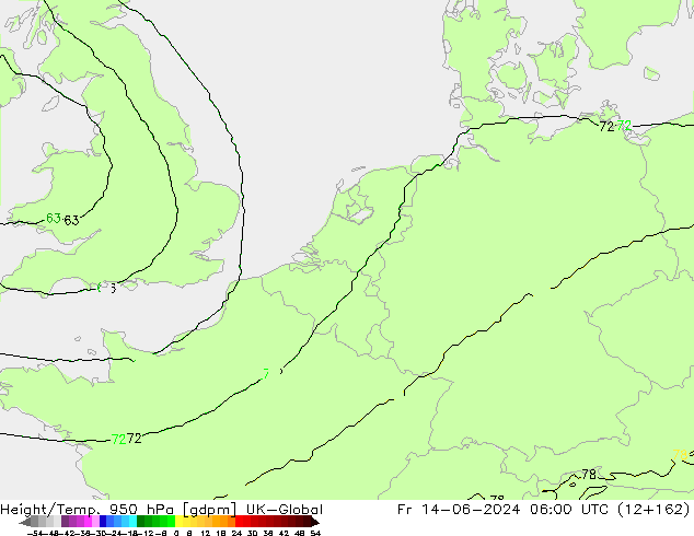 Height/Temp. 950 hPa UK-Global pt. 14.06.2024 06 UTC