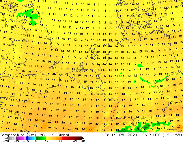 Temperaturkarte (2m) UK-Global Fr 14.06.2024 12 UTC