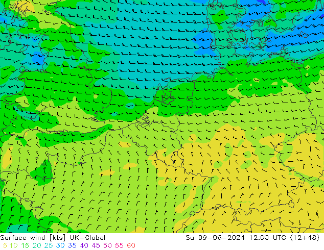 Vento 10 m UK-Global Dom 09.06.2024 12 UTC