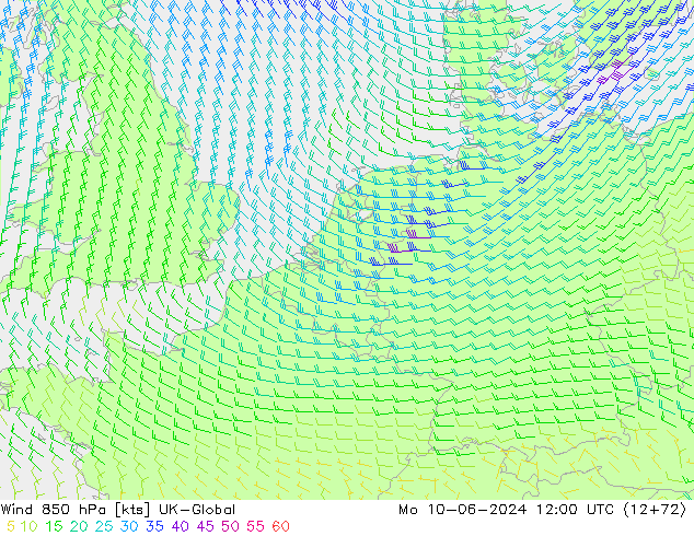 Wind 850 hPa UK-Global Mo 10.06.2024 12 UTC