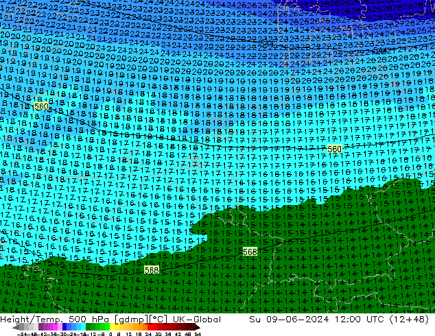 Height/Temp. 500 hPa UK-Global So 09.06.2024 12 UTC