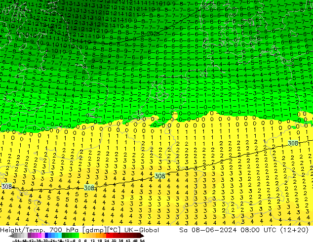 Height/Temp. 700 hPa UK-Global Sa 08.06.2024 08 UTC