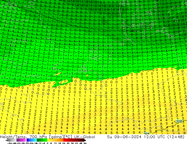 Height/Temp. 700 hPa UK-Global Dom 09.06.2024 12 UTC