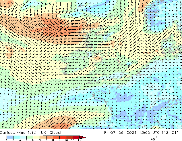 Surface wind (bft) UK-Global Fr 07.06.2024 13 UTC