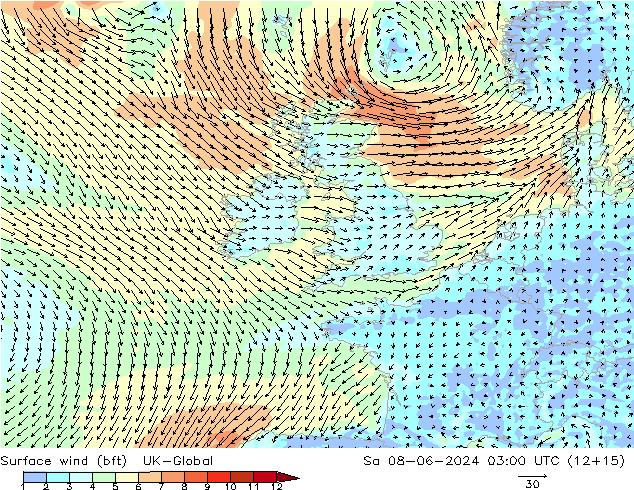 Surface wind (bft) UK-Global Sa 08.06.2024 03 UTC