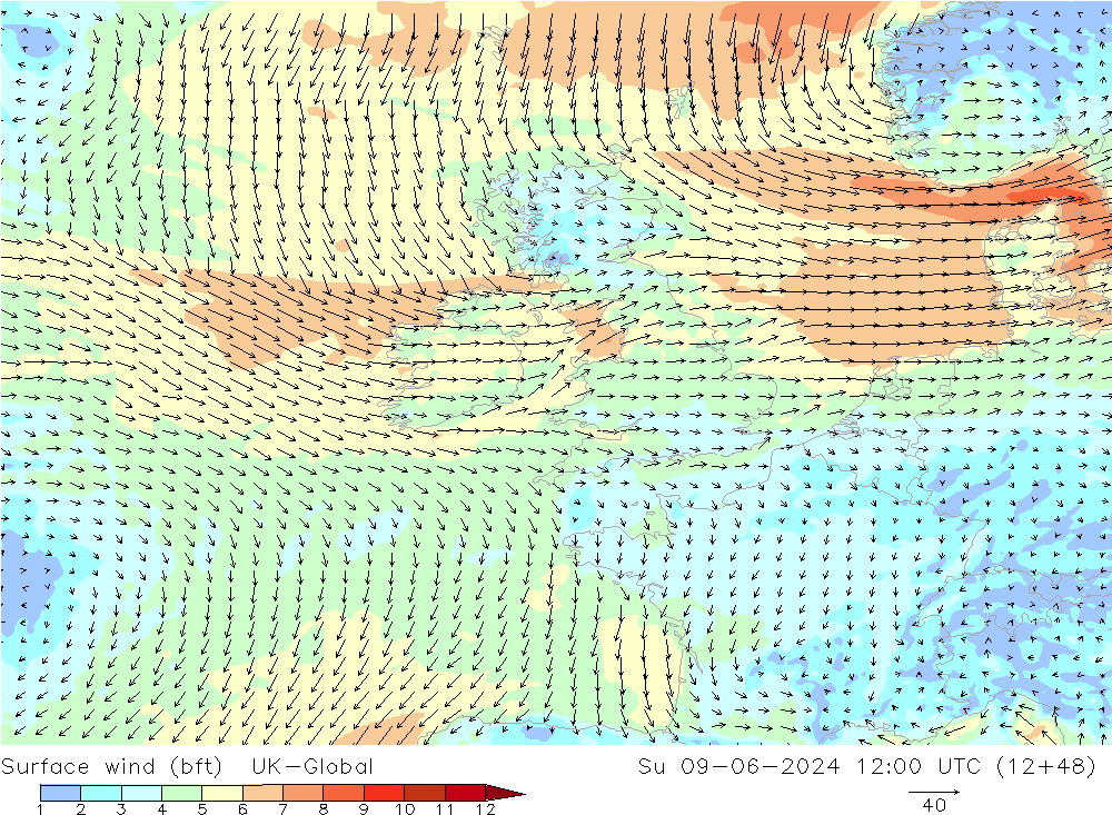 Vent 10 m (bft) UK-Global dim 09.06.2024 12 UTC