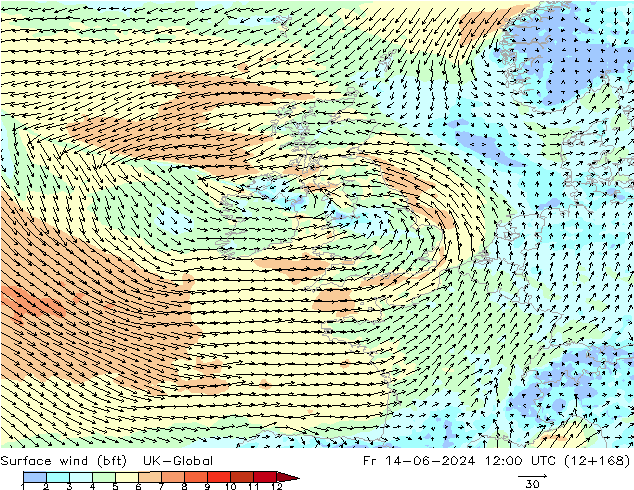 Wind 10 m (bft) UK-Global vr 14.06.2024 12 UTC