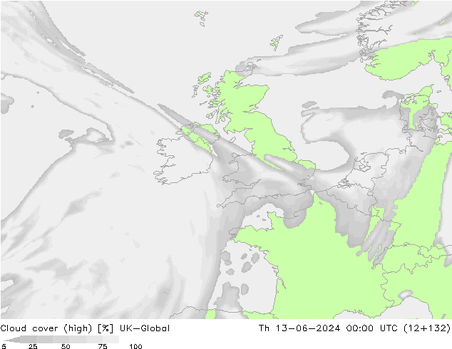 Cloud cover (high) UK-Global Th 13.06.2024 00 UTC