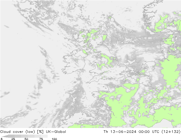 Cloud cover (low) UK-Global Th 13.06.2024 00 UTC