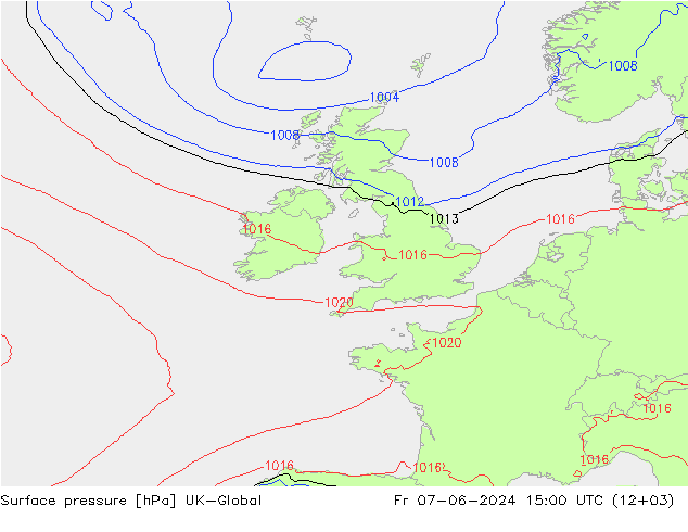 Pressione al suolo UK-Global ven 07.06.2024 15 UTC