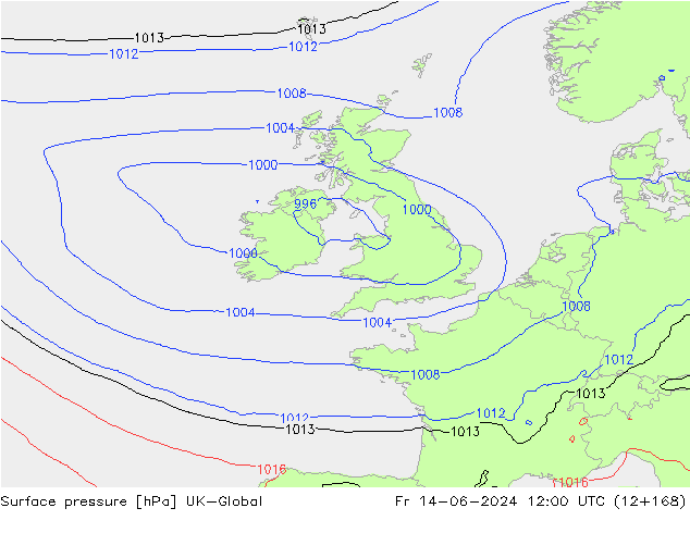 Pressione al suolo UK-Global ven 14.06.2024 12 UTC