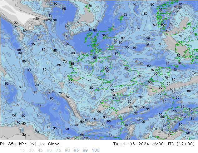 RH 850 hPa UK-Global mar 11.06.2024 06 UTC