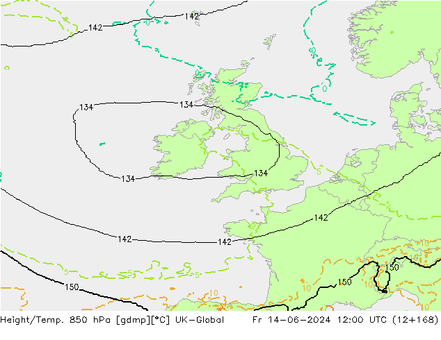 Height/Temp. 850 hPa UK-Global Fr 14.06.2024 12 UTC