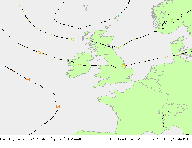 Height/Temp. 950 hPa UK-Global Fr 07.06.2024 13 UTC