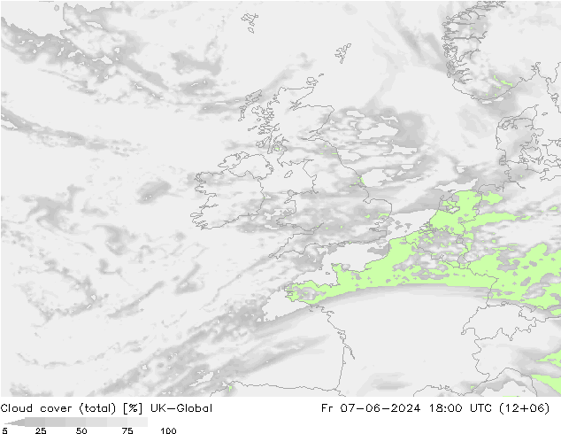 Cloud cover (total) UK-Global Fr 07.06.2024 18 UTC