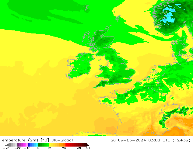 Temperature (2m) UK-Global Su 09.06.2024 03 UTC