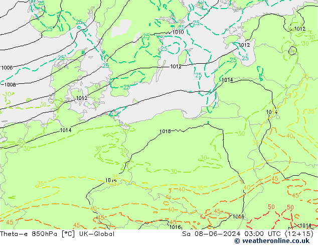 Theta-e 850hPa UK-Global Cts 08.06.2024 03 UTC