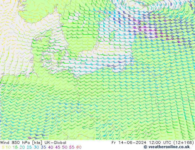 Wind 850 hPa UK-Global Pá 14.06.2024 12 UTC