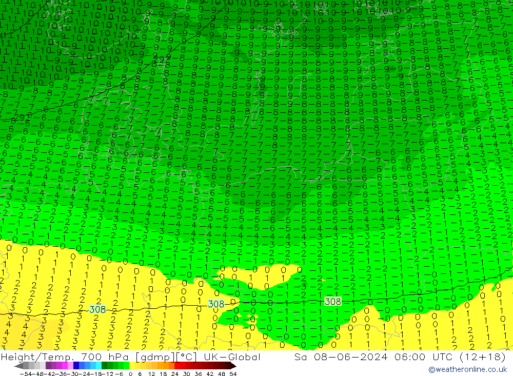 Height/Temp. 700 hPa UK-Global  08.06.2024 06 UTC