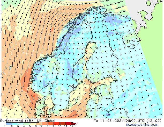 wiatr 10 m (bft) UK-Global wto. 11.06.2024 06 UTC