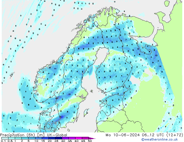 Precipitation (6h) UK-Global Mo 10.06.2024 12 UTC